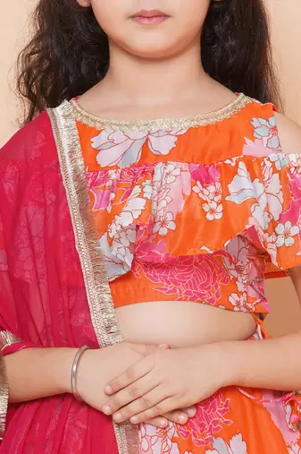 Orange Printed Silk Lehenga Choli Set