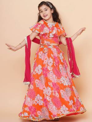 Orange Printed Silk Lehenga Choli Set 5