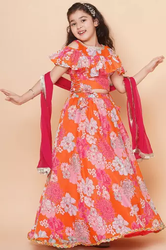 Orange Printed Silk Lehenga Choli Set