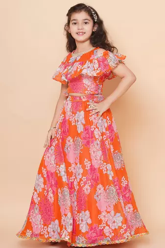 Orange Printed Silk Lehenga Choli Set