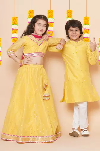 Yellow Woven Design Silk Lehenga Choli Set