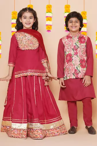 Maroon Embellished Cotton Lehenga Choli Set