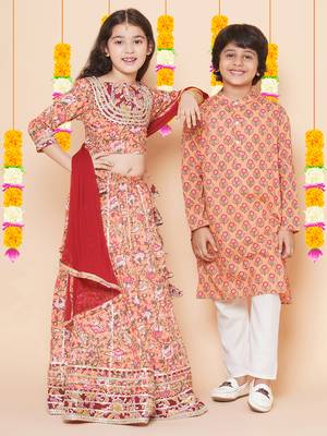 Peach Printed Cotton Lehenga Choli Set 1