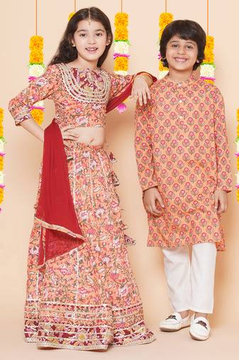 Peach Printed Cotton Lehenga Choli Set
