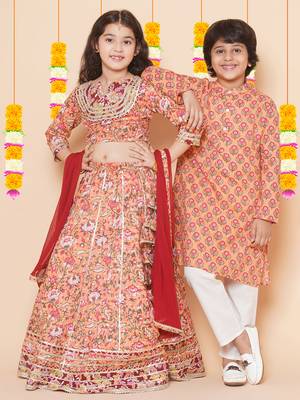 Peach Printed Cotton Lehenga Choli Set 2