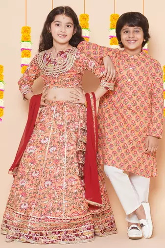 Peach Printed Cotton Lehenga Choli Set
