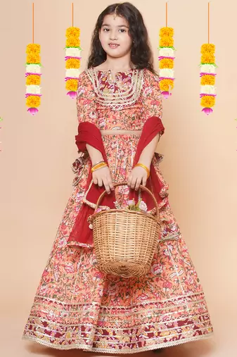 Peach Printed Cotton Lehenga Choli Set