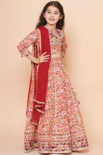 Peach Printed Cotton Lehenga Choli Set