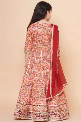 Peach Printed Cotton Lehenga Choli Set