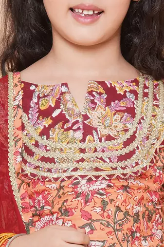 Peach Printed Cotton Lehenga Choli Set