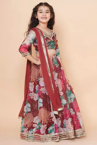 Maroon Printed Silk Lehenga Choli Set