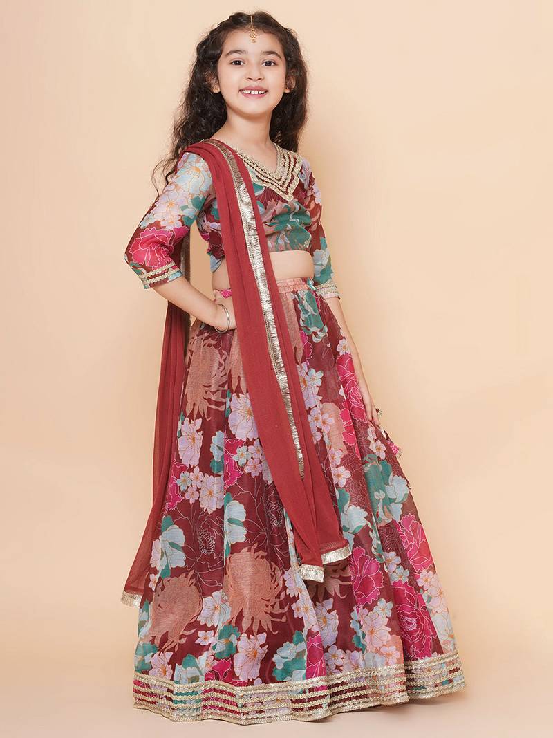 Maroon Printed Silk Lehenga Choli Set