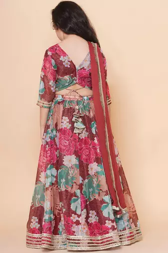 Maroon Printed Silk Lehenga Choli Set