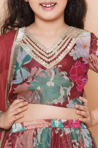Maroon Printed Silk Lehenga Choli Set