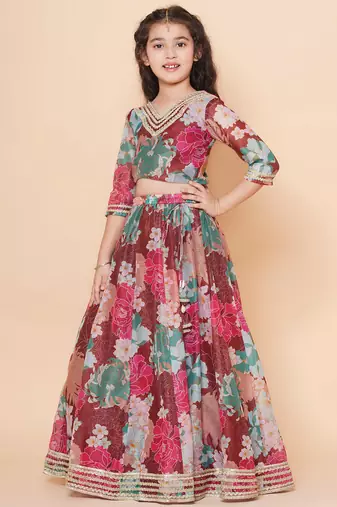 Maroon Printed Silk Lehenga Choli Set