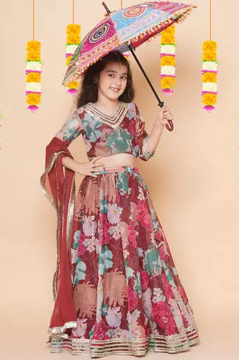 Maroon Printed Silk Lehenga Choli Set