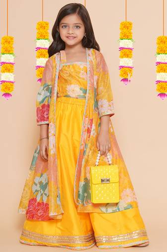 Yellow Printed Silk Lehenga Choli Set