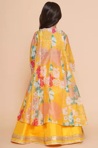 Yellow Printed Silk Lehenga Choli Set