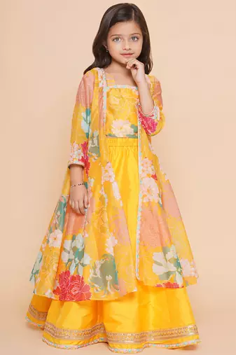 Yellow Printed Silk Lehenga Choli Set