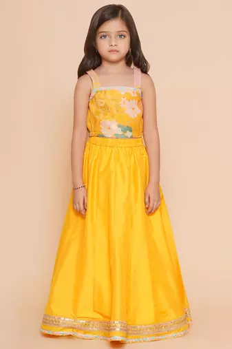 Yellow Printed Silk Lehenga Choli Set