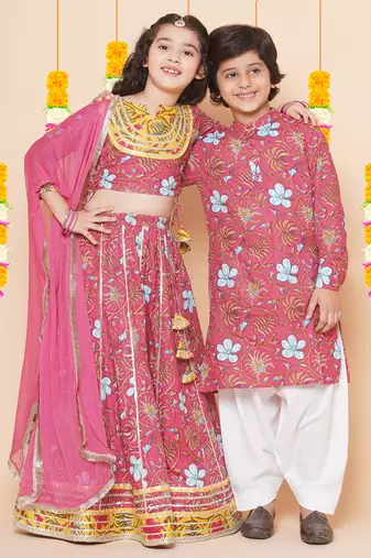 Pink Printed Cotton Lehenga Choli Set