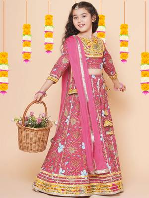 Pink Printed Cotton Lehenga Choli Set 3