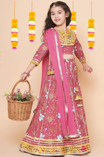 Pink Printed Cotton Lehenga Choli Set