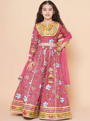 Pink Printed Cotton Lehenga Choli Set 1