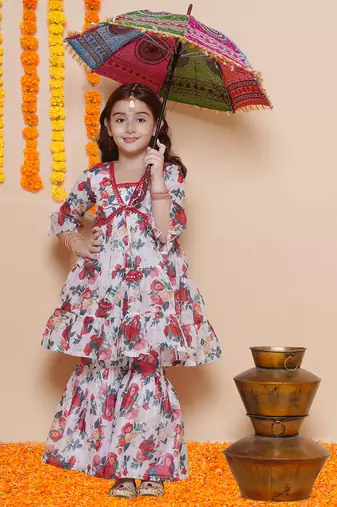 Red Printed Silk Kurta Set