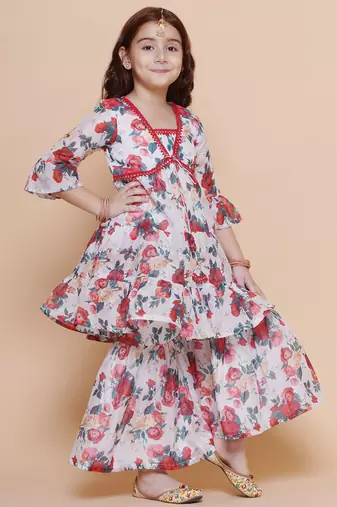 Red Printed Silk Kurta Set