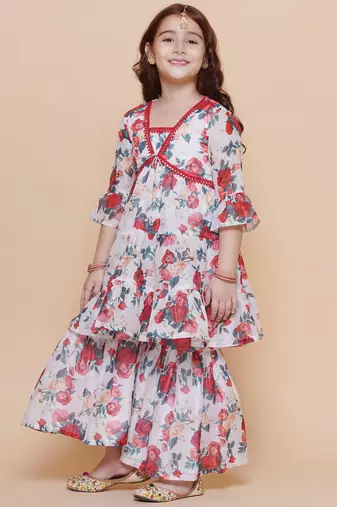 Red Printed Silk Kurta Set