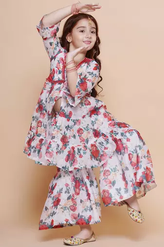 Red Printed Silk Kurta Set