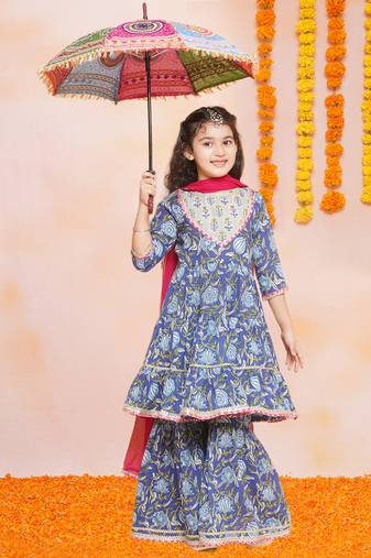 Blue Printed Pure Cotton Kurta Set