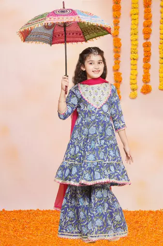 Blue Printed Pure Cotton Kurta Set