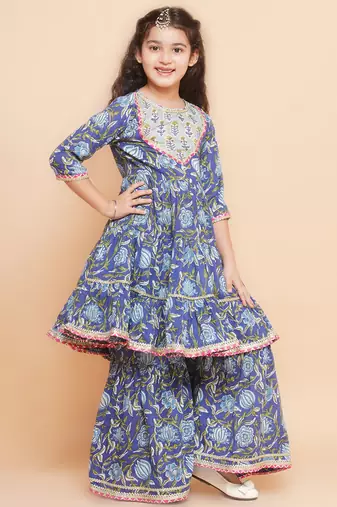 Blue Printed Pure Cotton Kurta Set