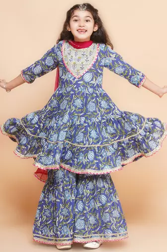 Blue Printed Pure Cotton Kurta Set