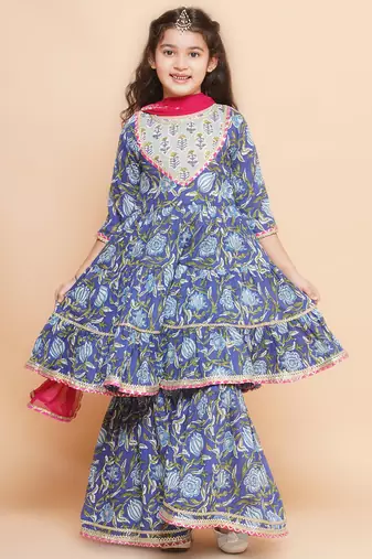 Blue Printed Pure Cotton Kurta Set