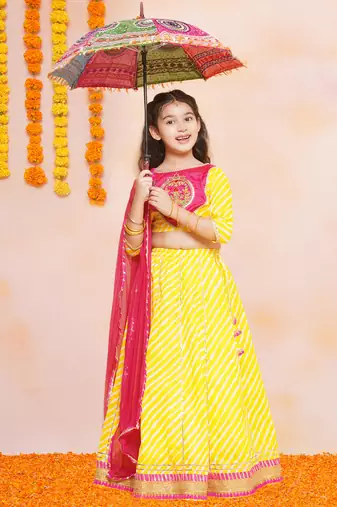 Yellow Embroidered Cotton Lehenga Choli Set