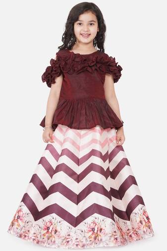 Brown Printed Silk blend Lehenga Choli Set