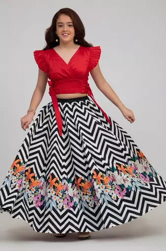 Red Printed Silk Blend Lehenga Choli Set