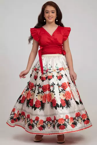 Red Printed Silk Blend Lehenga Choli Set