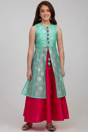 Green Printed Silk Blend Lehenga Choli Set
