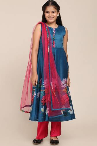Blue Printed Silk blend Kurta Set