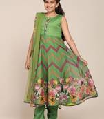 Green Printed Silk blend Kurta Set