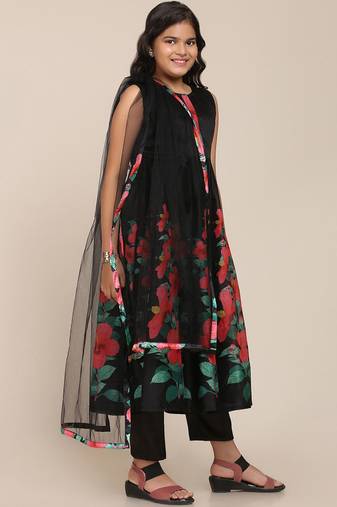Black Printed Silk blend Kurta Set