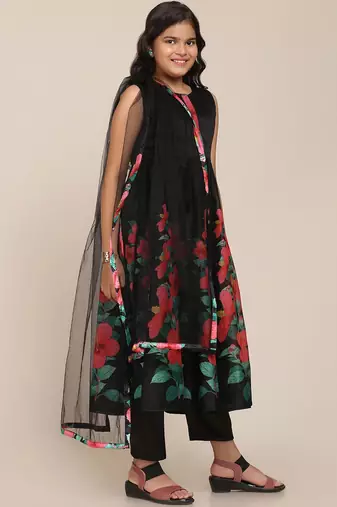 Black Printed Silk blend Kurta Set