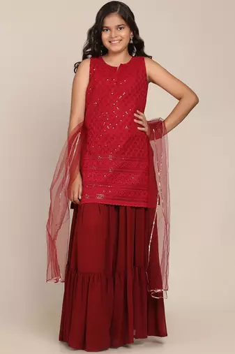 Maroon Embroidered Poly georgette Kurta Set