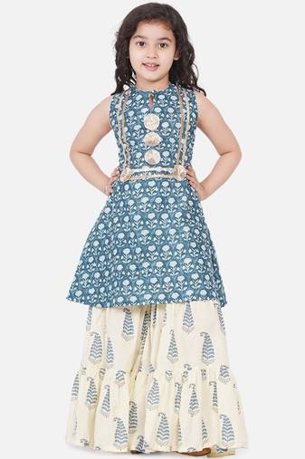 Blue Printed Cotton Blend Kurta Set