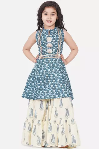 Blue Printed Cotton Blend Kurta Set