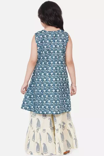 Blue Printed Cotton Blend Kurta Set